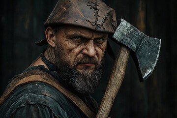 Portrait of a medieval executioner with a leather cap and an axe, conveying a sense of power and intimidation