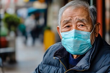 Close up of concerned senior asian man wearing surgical mask in crowded urban setting, emphasizing health and safety precautions
