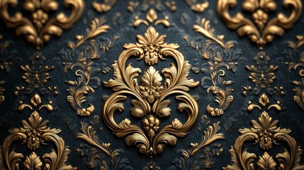 Ornate gold floral pattern on dark textured background, ideal for luxury interior design projects
