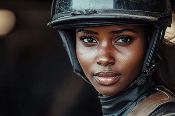 Close up portrait of a determined black woman jockey wearing a helmet, embodying strength and focus in equestrian sports