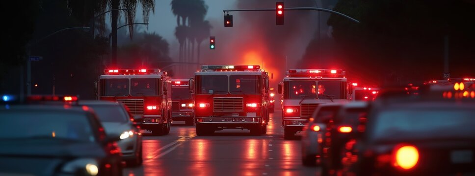 City Street with Fire Trucks and Illuminated Trees at Dusk - Free Stock ...