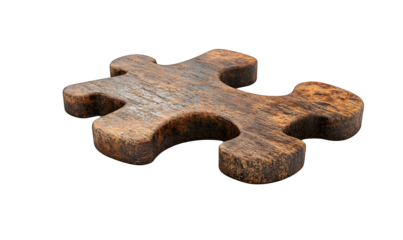 Wooden puzzle piece, isolated, dark background, solution concept
