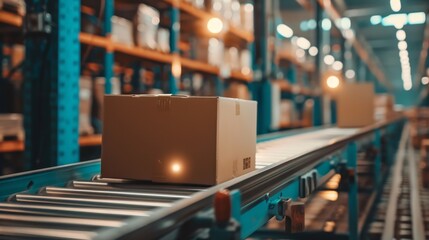 A cardboard box moves along a conveyor belt in a warehouse filled with shelves of products.