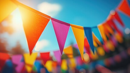 Colorful bunting flags sunny outdoor party.