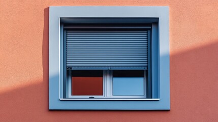 Modern Minimalist Window with Closed Roller Shutters on a Coral Wall
