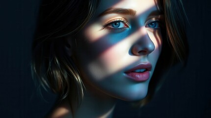 Portrait of a woman with intense blue eyes and soft features, illuminated by striking patterns of light and shadow.  
