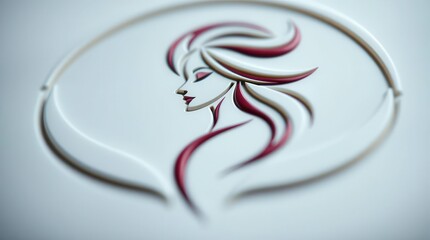 Minimalistic logo design of a woman's profile featuring flowing hair in soft red and gray tones, encircled by a delicate frame.  
