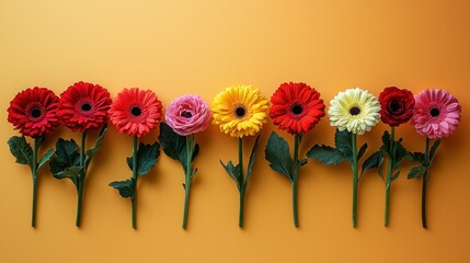 Colorful flowers line on orange background.