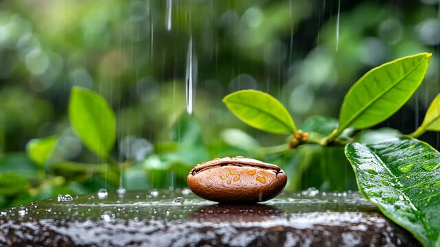 Close-up of a coffee bean resting on a wet stone amidst lush green foliage during a rain shower
