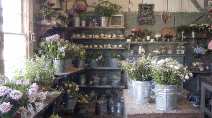A charming flower shop filled with various potted plants and fresh flowers in rustic containers.