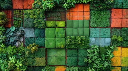 Aerial View of a Geometrically Designed Garden with Diverse Greenery