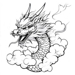 Fierce dragon head, Asian style, cloud background, tattoo design