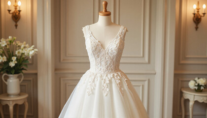 Fototapeta premium Elegant wedding dress on mannequin in soft lighting, bridal beauty