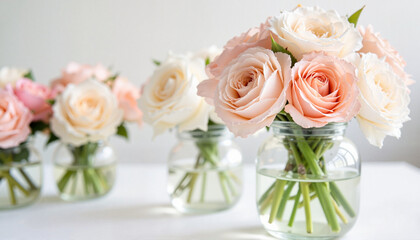 Obraz premium Elegant floral arrangements in pastel tones on white table, romantic ambiance
