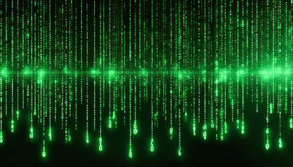 Fototapeta premium A digital matrix code flowing down the screen in bright green letters, creating a futuristic, tech-themed atmosphere, ideal for digital, cybersecurity, and innovation-related projects. 