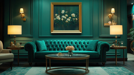 Elegant teal living room with plush tufted sofa, framed artwork, ambient lighting, and stylish coffee table in a refined interior design setting