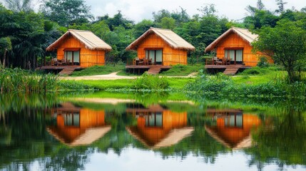 Obraz premium Tropical lakefront bungalows, serene reflection, lush forest