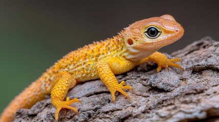 Yellow lizard on wood, close-up, blurred background, nature photography, wildlife
