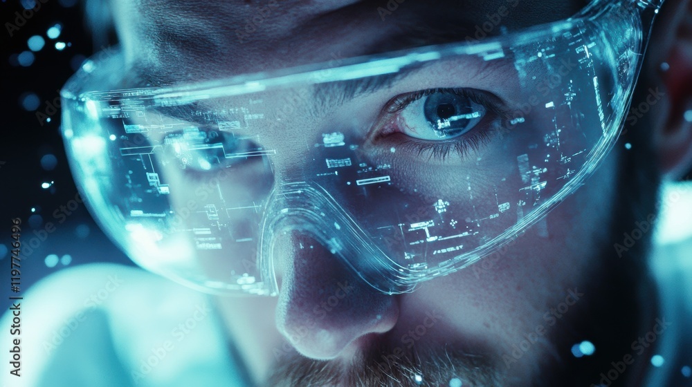 Poster a close shot reveals a workers eyes wide with intrigue as they interact with a virtual touchscreen t