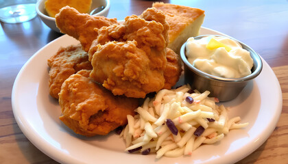Crispy golden fried chicken served with buttery mashed potatoes