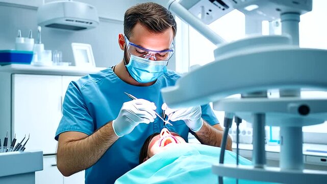 A detailed view of a dentist in a mask and gloves, using a dental scaler on a patient&rsquo;s teeth, the setting illuminated by a sleek LED dental light in a modern clinic