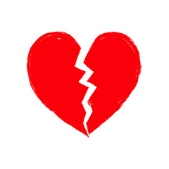 Red broken heart with jagged crack in simple hand-drawn style on white background, symbolizing heartbreak and emotional pain.