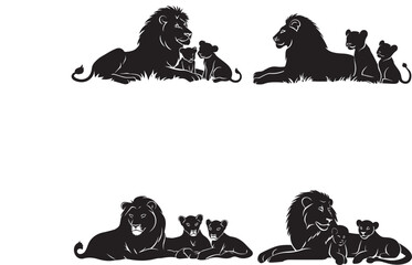 Set of Lion and his Family Silhouette Vector