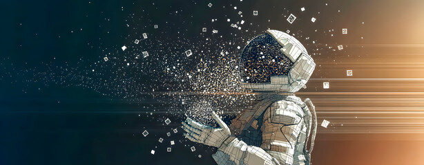 Concept of space travel. Astronaut who is getting pixelated.