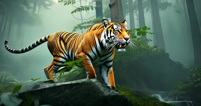 Tiger leaps jungle rock, misty forest