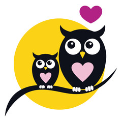 a pair of owls on a tree branch with a heart shape