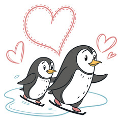 a pair of penguins sliding on ice leaving heart-s
