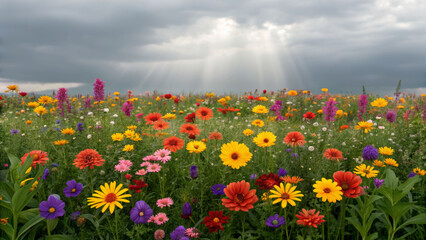 Obraz premium Vibrant wildflower meadow dominates serene landscape colorful blossoms under dramatic sky nature photography