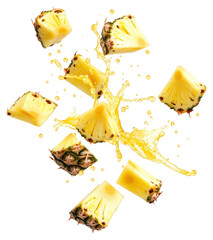 PNG Exploding pieces of pineapples splash fruit juice.