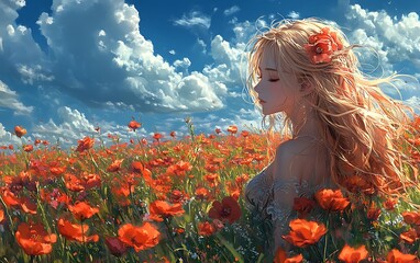 Naklejka premium Anime Girl in Blooming Poppy Field Illustration