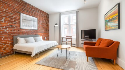 Industrial style combines modern design with exposed brick elements. Modern apartment with brick wall and stylish furniture.