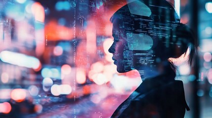 Woman Silhouetted Cityscape Digital Overlay Vibrant Light. AI Generated