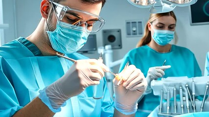 A precise view of a masked and gloved dentist performing a dental procedure, the focus on the steady hands and the careful use of advanced dental tools