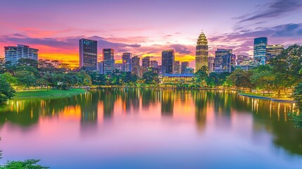 Obraz premium Cityscape sunset park reflection, urban lake, twilight