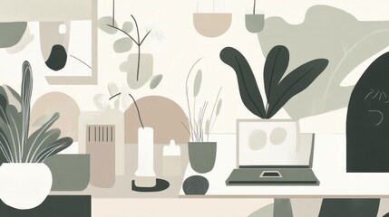 Serene Home Office Abstract Art with Plants. A Modern Minimalist Design for a Cozy Workspace. Perfect for a Stylish Home Decor. The Neutral Palette Brings Calm to Your Home. 