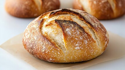 Fototapeta premium Freshly baked sourdough bread loaf with a crispy golden crust resting on parchment paper.