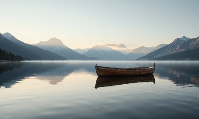 A rustic wooden boat gently floating on a serene, glass-like lake, its weathered wood reflecting in the still water, surrounded