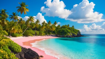 Island outdoors beach with palm trees Beautiful beach with white sand, turquoise ocean, green palm trees and blue sky with clouds on Sunny day. Summer tropical landscape, panoramic view