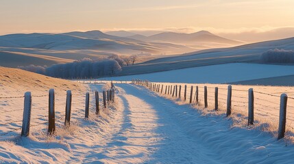 Snowy path through frosted winter landscape at sunrise.