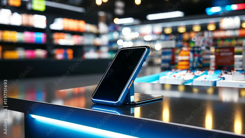 Aufkleber a detailed view of a glowing nfc terminal as a smartphone is held over it, with the checkout area fe