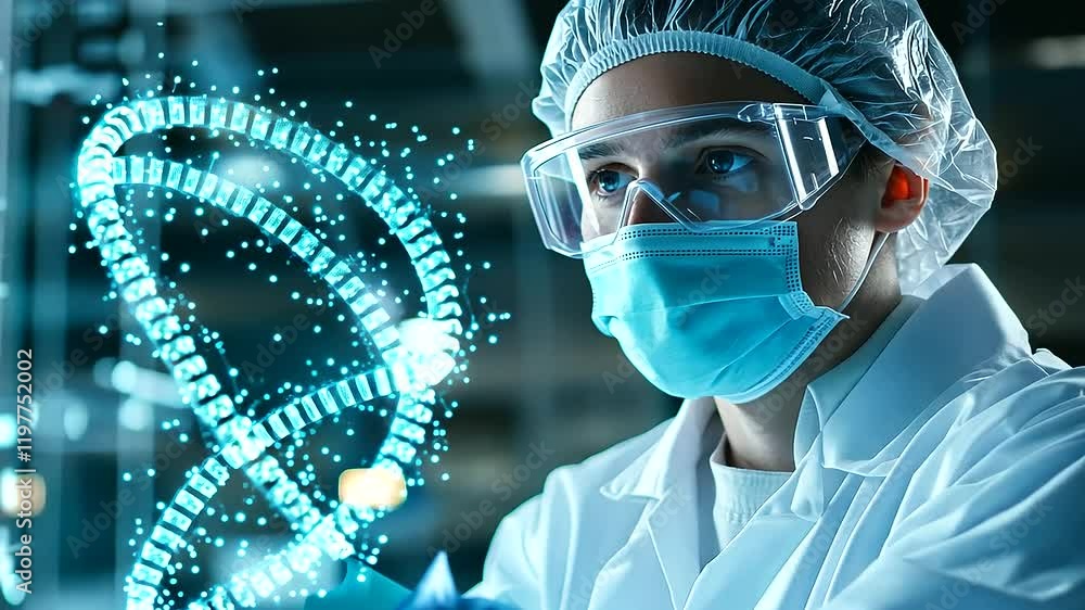 Poster a close-up of a scientist in protective gear, examining a holographic dna double helix floating in t