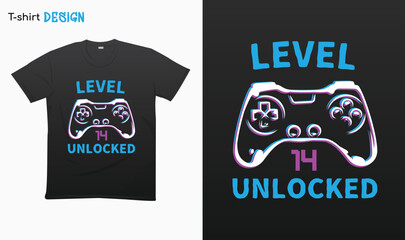 "Level 14 Unlocked" Retro vintage controller design. Funny birthday gaming style, t-shirt. T-shirt mock up vector. Eps 10 vector © iCreativePrints