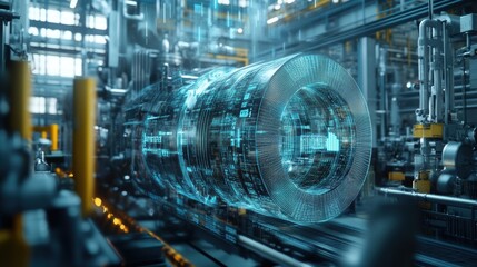 Fototapeta premium A complex visualization of AIdriven predictive models with rotating 3D graphs representing future manufacturing outputs and potential machinery failures cast against a bright digital