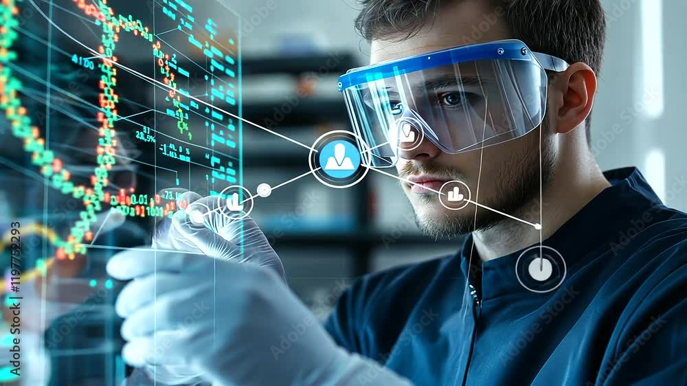 Poster a scientist wearing a face shield and gloves, interacting with a vibrant dna model displayed on a tr