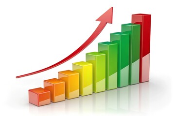 growing colorful bar chart with red up arrow on white background with reflection, 3d illustration