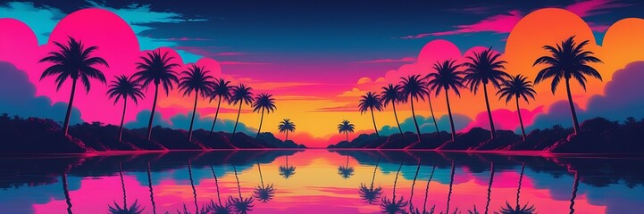 Naklejka premium Surreal neon tropical landscape representing vibrancy, futurism, serenity, and imagination.